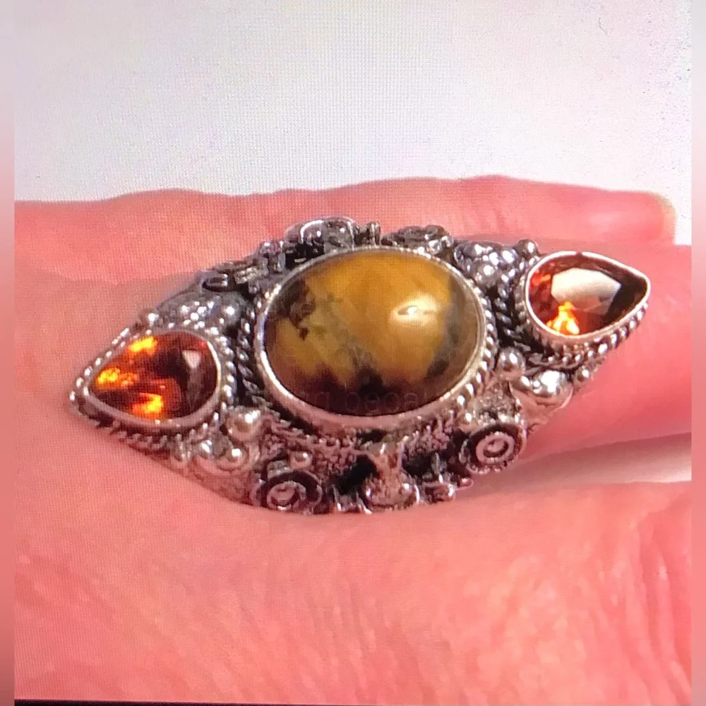 Tiger Eye Citrine Stampd 925 Sterling Silver Ring